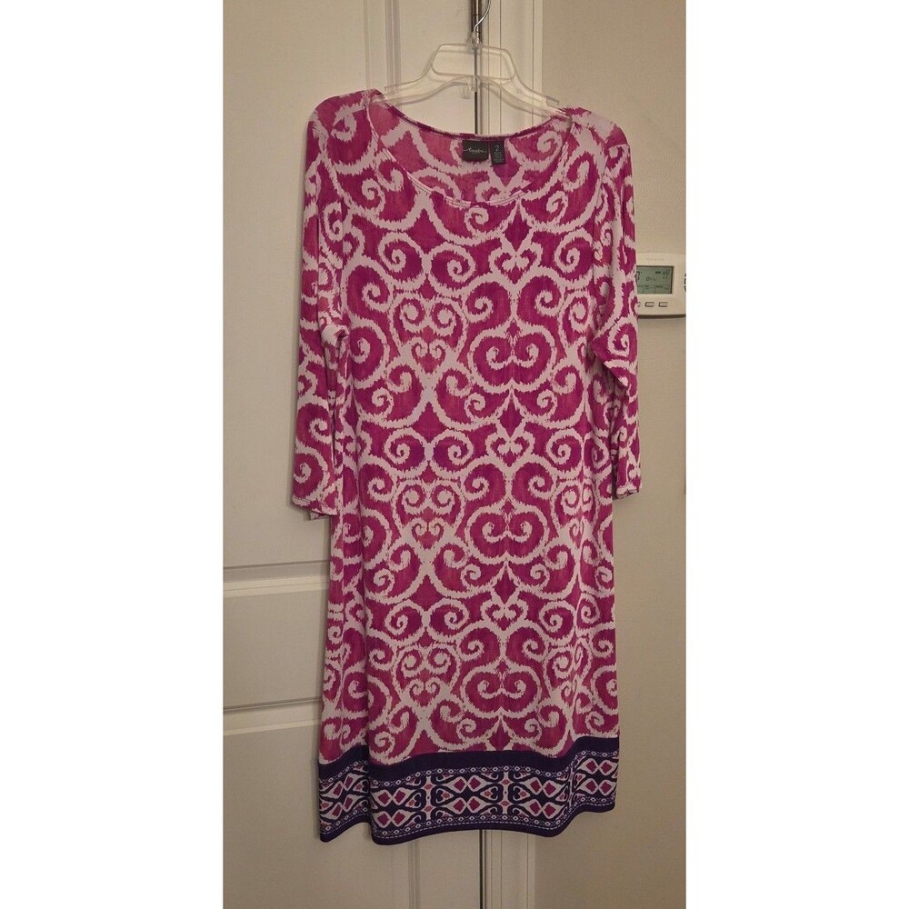 Chico's Travelers Pink & Purple Scroll Print Shift Dress 3/4 Sleeves Sz 2 US 12
